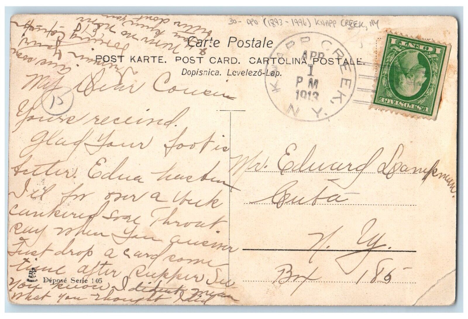 DPO (1893-1996) Knapp Creek NY Postcard Easter Greetings Pretty Girl Dog 1913