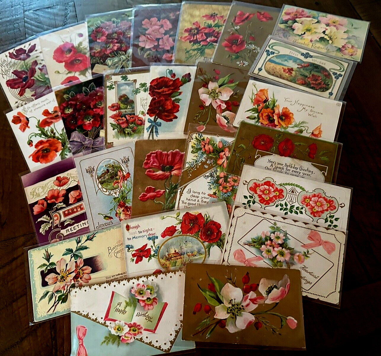 Colorful Lot of 25 Antique GREETINGS POSTCARDS with POPPIES~POPPY FLOWERS ~k423