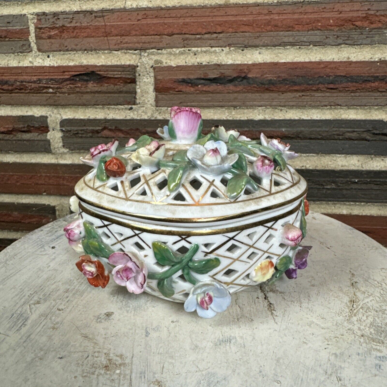 Vintage Porcelain Trinket Box With Lid Raised Flowers Colorful Made In China