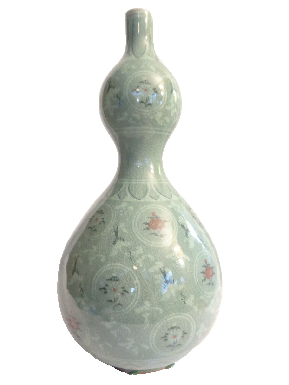 Beautiful Korean Celadon Vase With Cranes And Pink Flowers Gourd Style Signed 