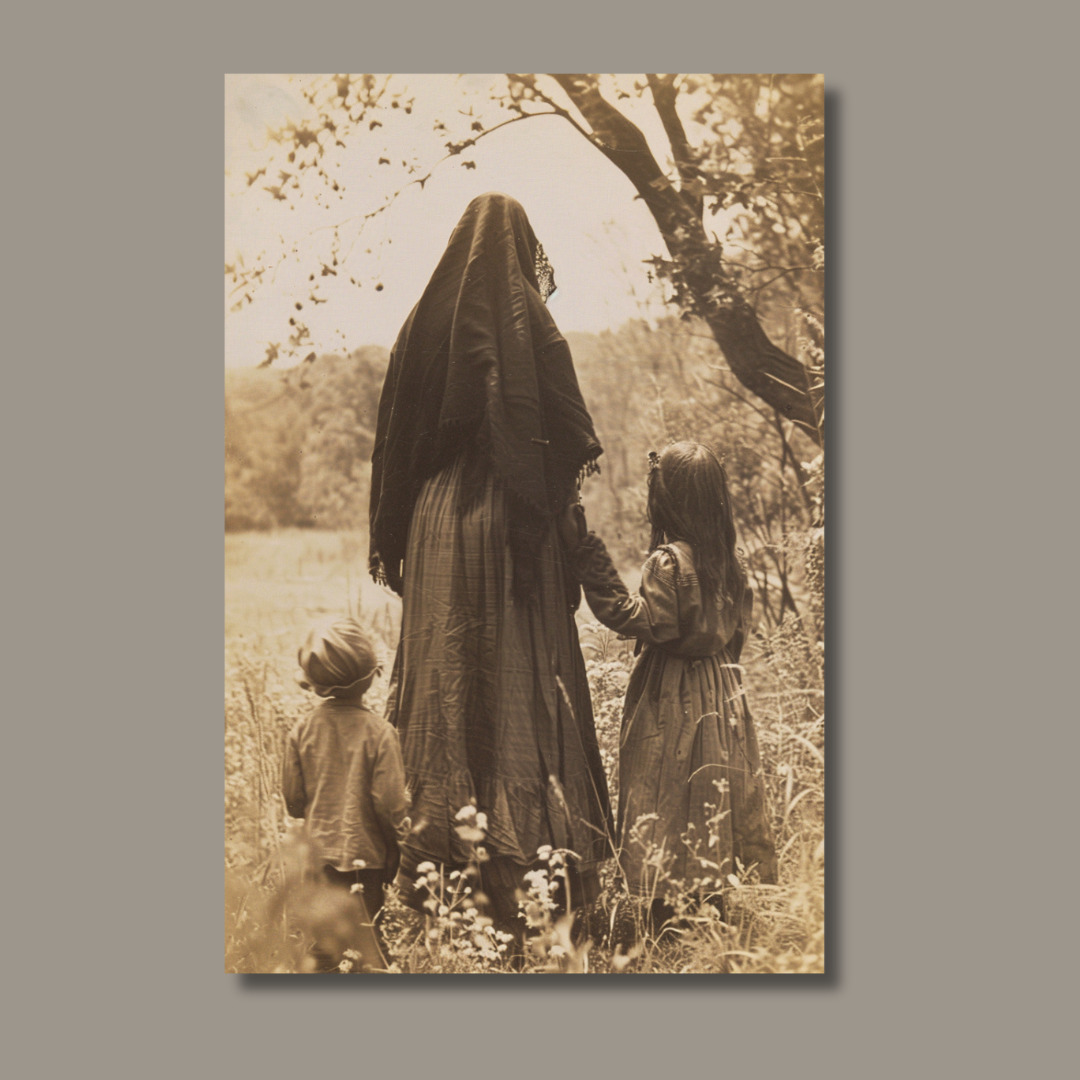 Mourning Victorian Woman With 2 Children - Photo 1800s