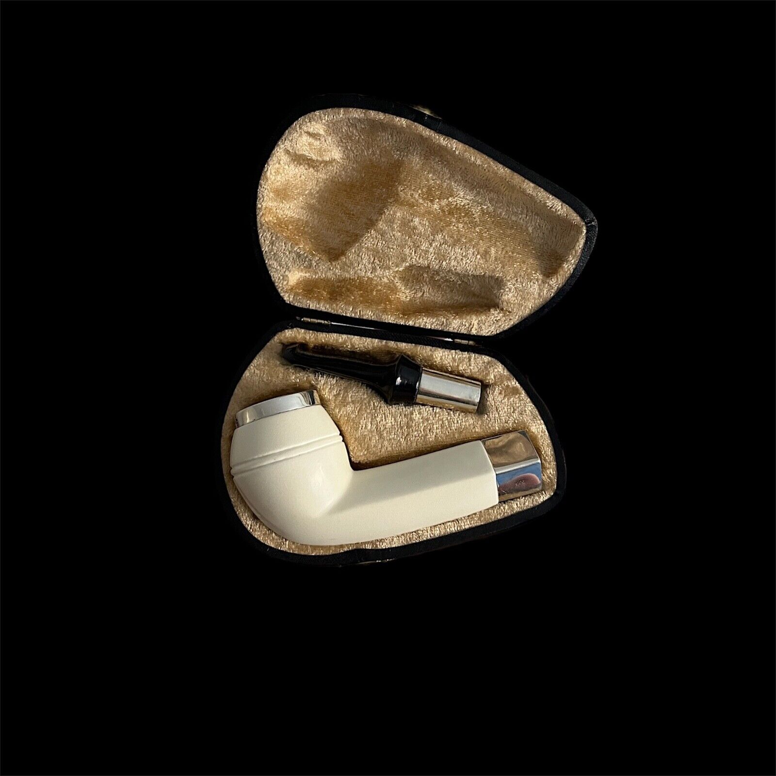 Large Smooth Bulldog Block Meerschaum Pipe 925 silver unsmoked w case MD-261