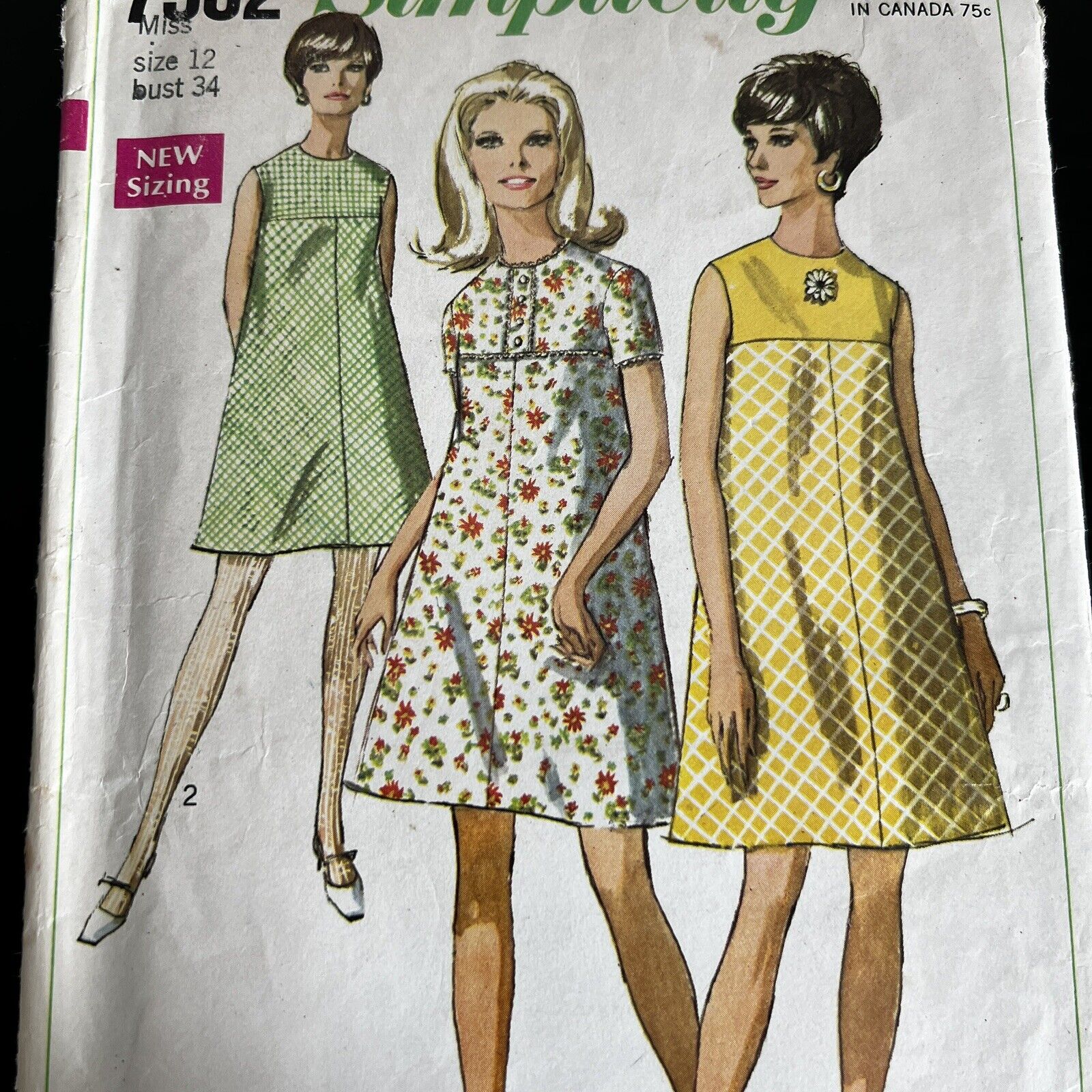 Vintage 1960s Simplicity 7532 Mod Yoked A-Line Dress Sewing Pattern 12 XS CUT