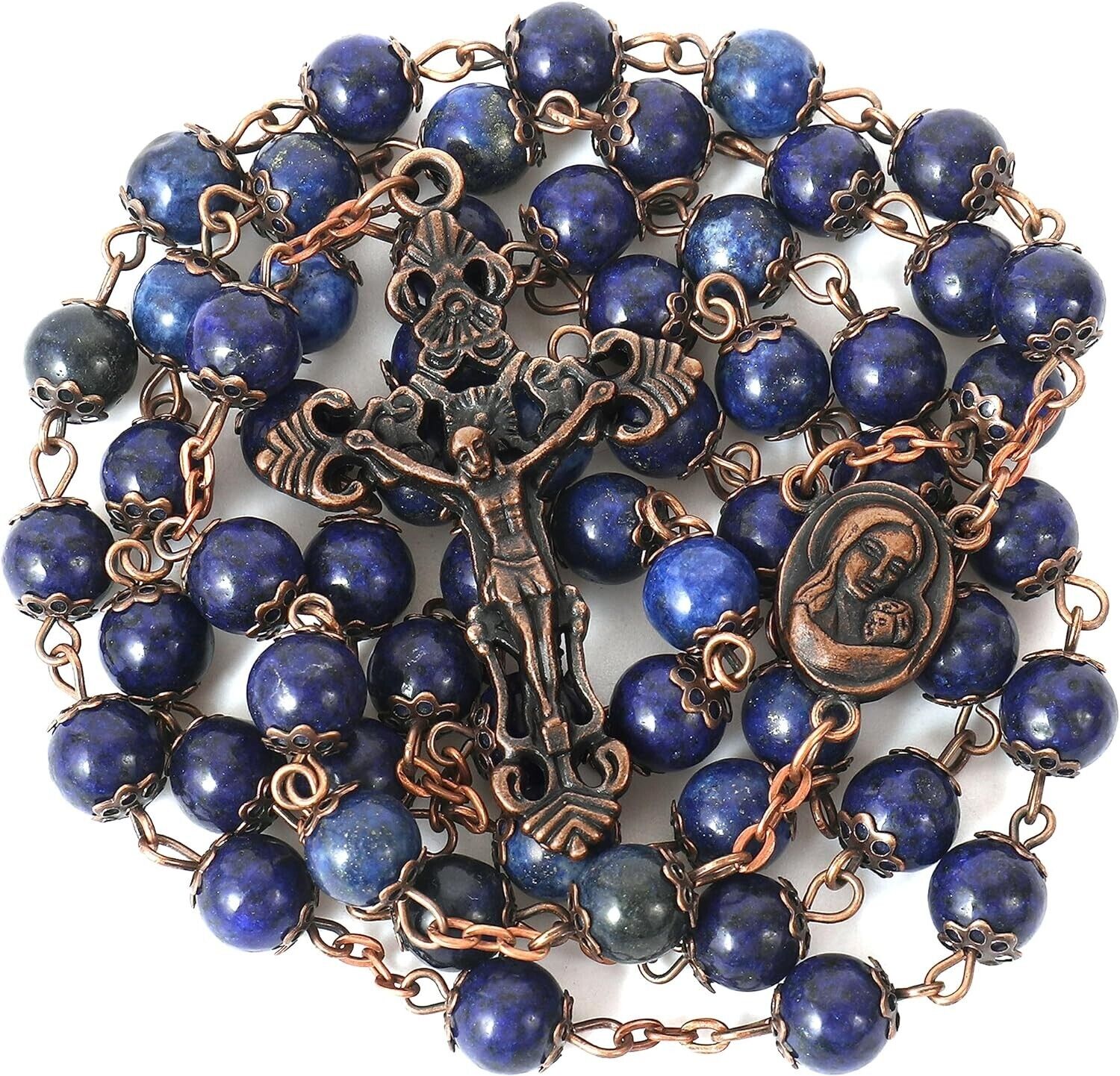 8mm Vintage Design Rosary Natural Stone Beads Necklace Holy Soil Medal