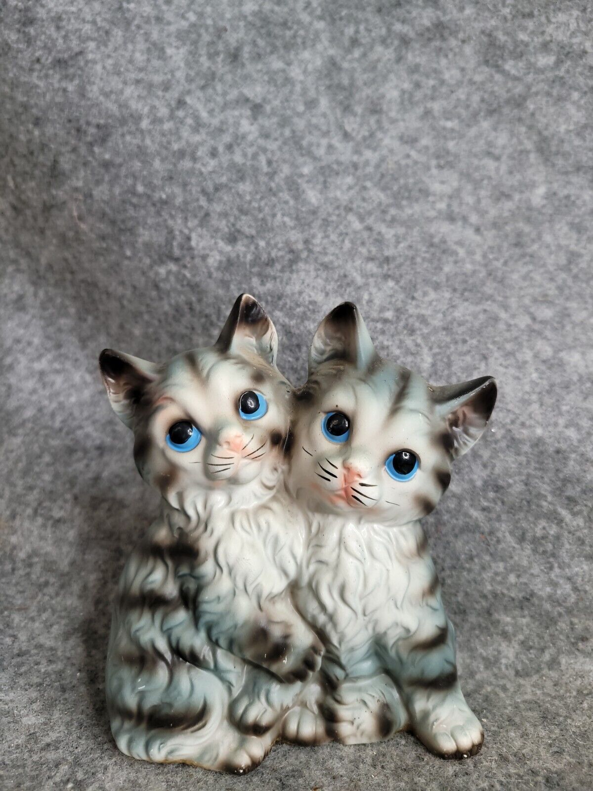 Vintage Ebro Ceramic Porcelain Kittens Blue Eyes Stripes Figurine 1950s Japan