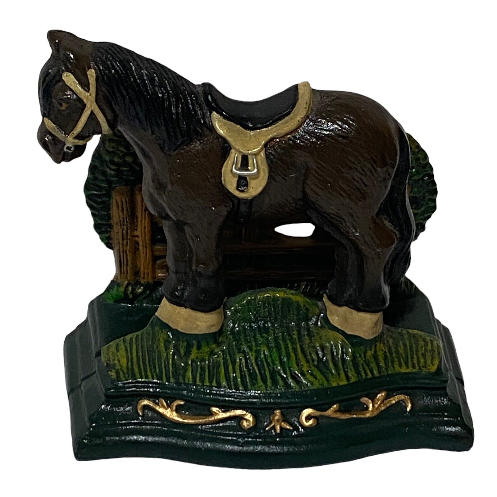 Vintage Cast Iron Painted Horse With Saddle Door Stop Letter Holder