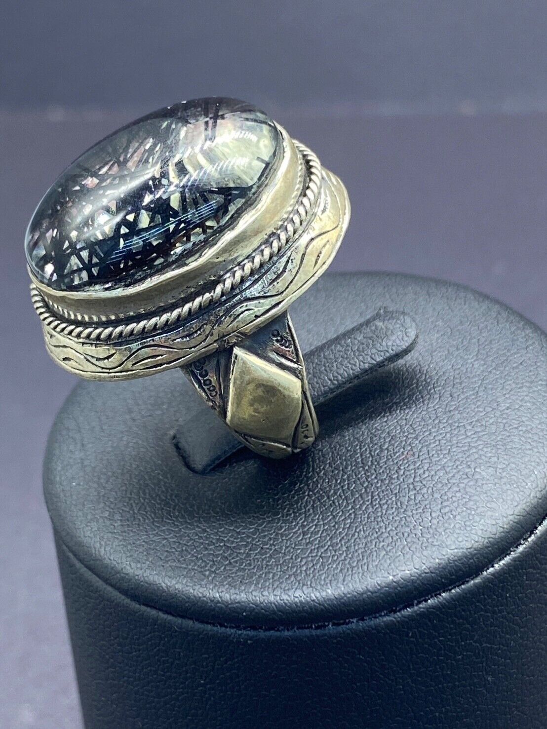 Ethnic Vintage Faux Black rutile Vintage Art Glass Long Knuckle Ring