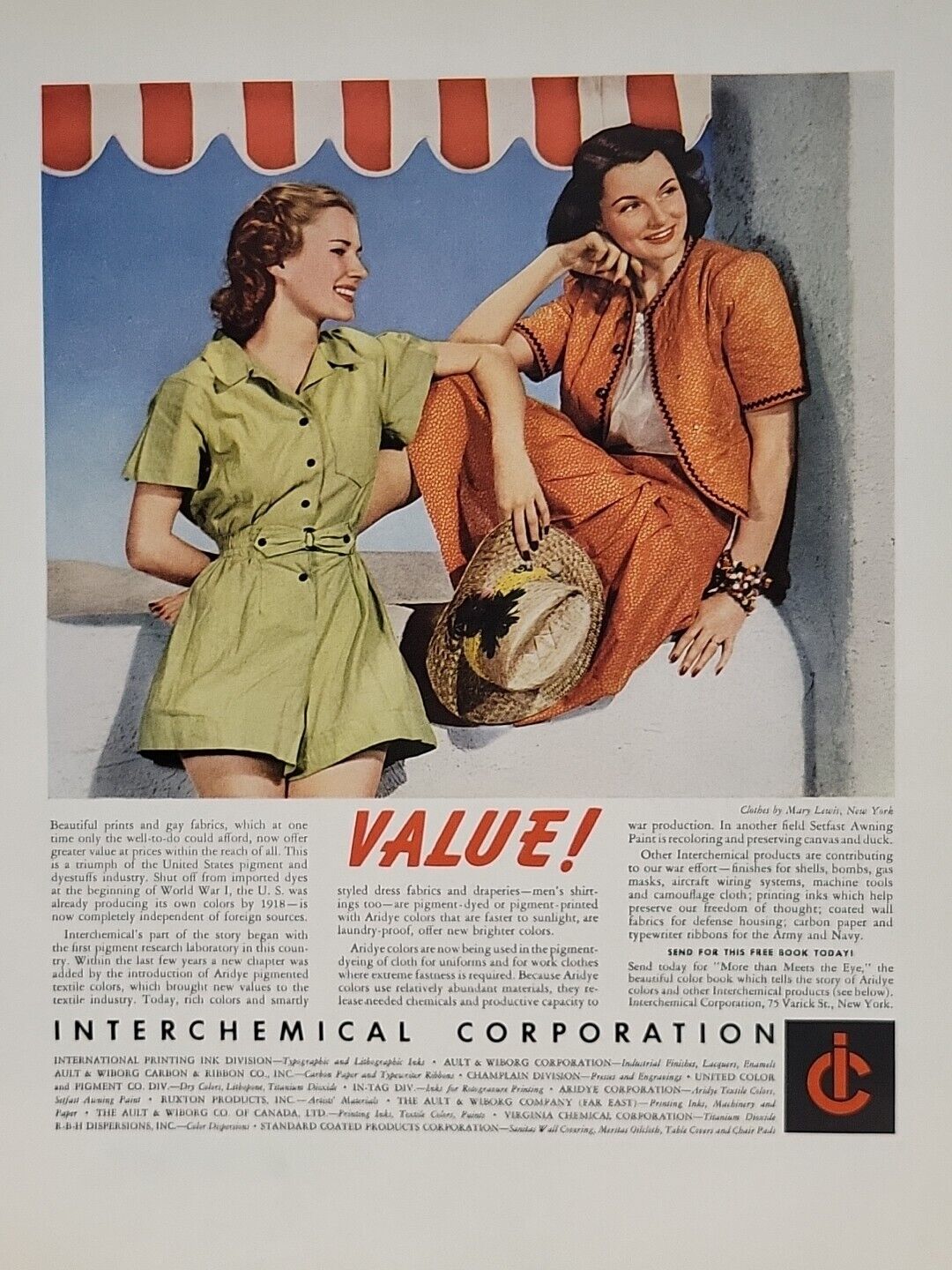 1942 Interchemical Corporation Fortune WW2 Print Ad Q2 Women Skirts Beach Hat