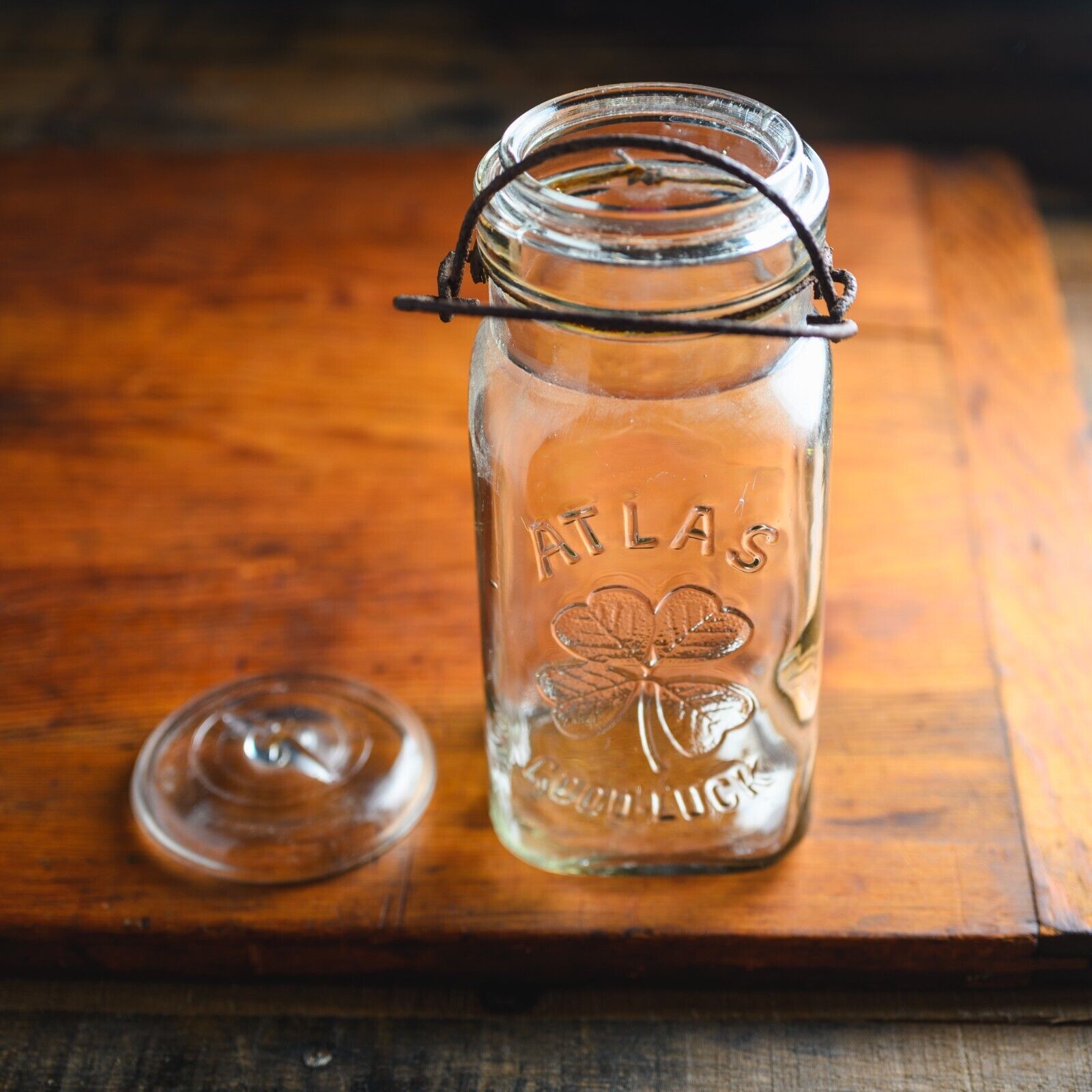 Vintage Atlas Clear Good Luck Mason Jar Quart with Lid