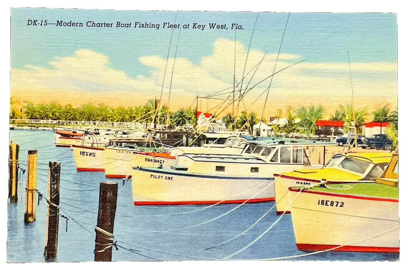 KEY WEST FLORIDA Vintage Linen Postcard UNUSED Deep Sea Fishing Boat Dock Boats