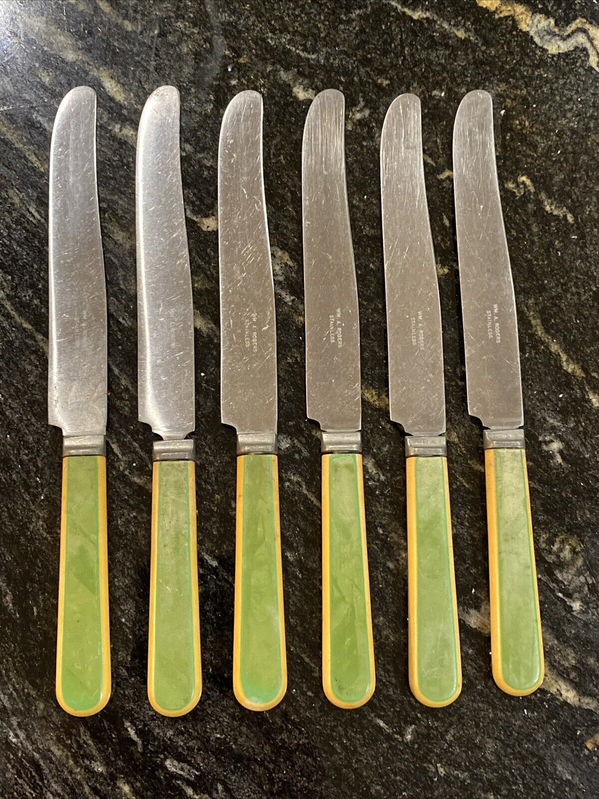 6 William Rogers Celluloid Handle Stainless Steel Butter Dinner Knives Cutlery