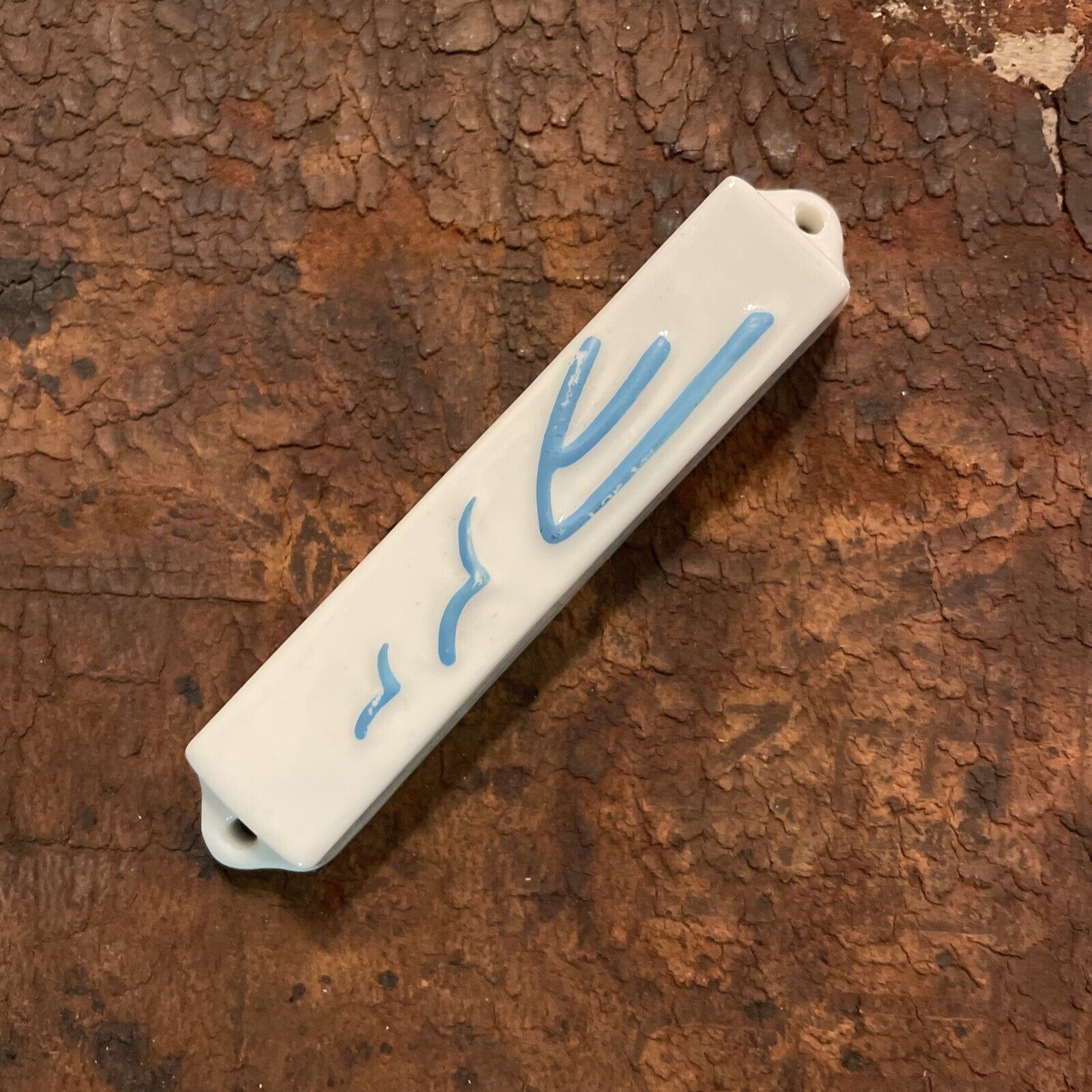 Vintage Porcelain Mezuzah –  Shaddai White & Blue, Handpainted With Scroll 3.5”