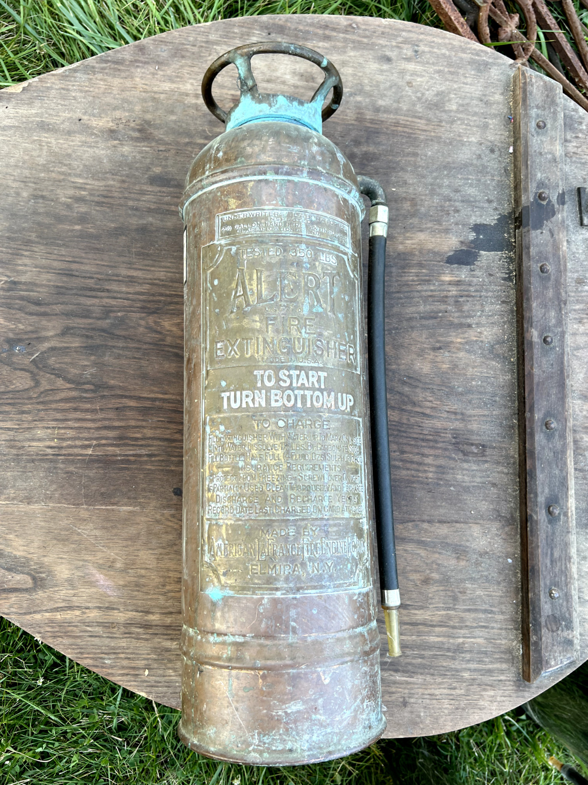 Vintage Antique Alert Brass Fire Extinguisher Copper 2.5 gallon EMPTY With Hose