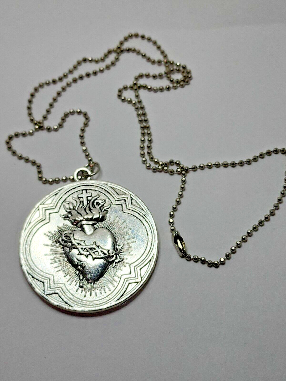 Silver Plated Jumbo Christian Catholic Sacred Heart Large Pendant and Necklace