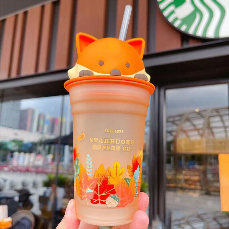 2021 New Starbucks China Cute Fox Maple Leaf 12oz Glass Straw Cup Great Gift