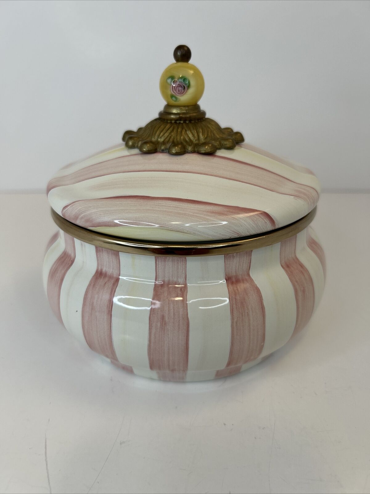 Mackenzie Childs Bathing Hut Squash Pot Canister 5 1/2” Pink/White Striped( D2)