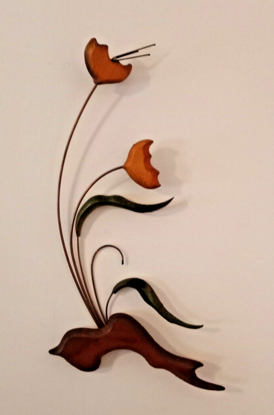 Vintage MCM Wall Hanging Art Flowers Wood Copper - 17”