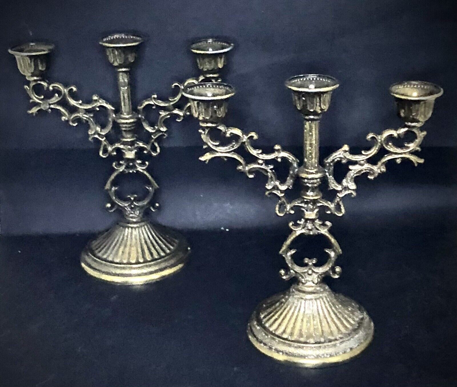 Set of 2 Vintage Italian Ornate Brass 3-Arm Candelabra Candle Holders; 5.25” H