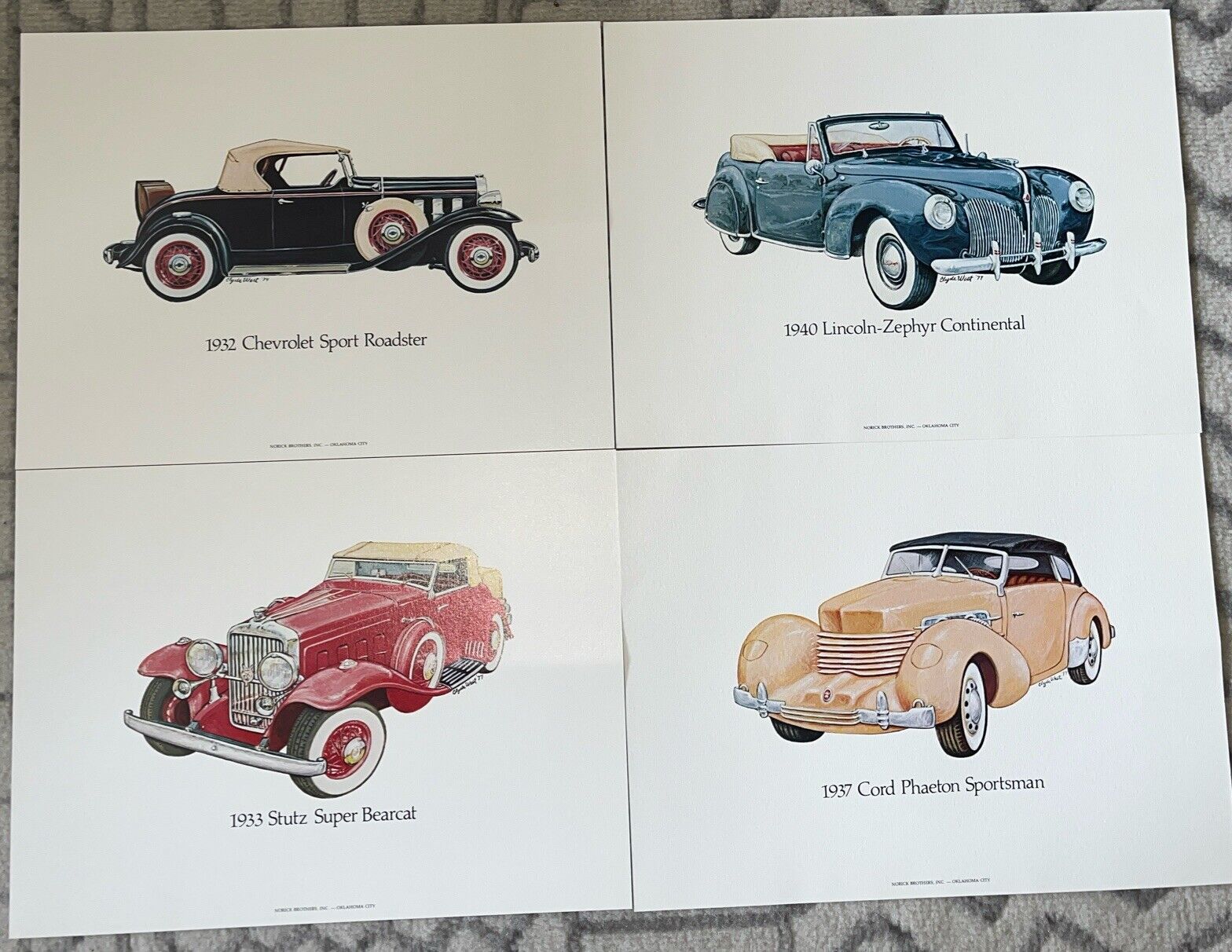 Lot 4 1930s Classic Car Print Picture Signed CLYDE WEST Chevrolet Lincoln 12 X 9
