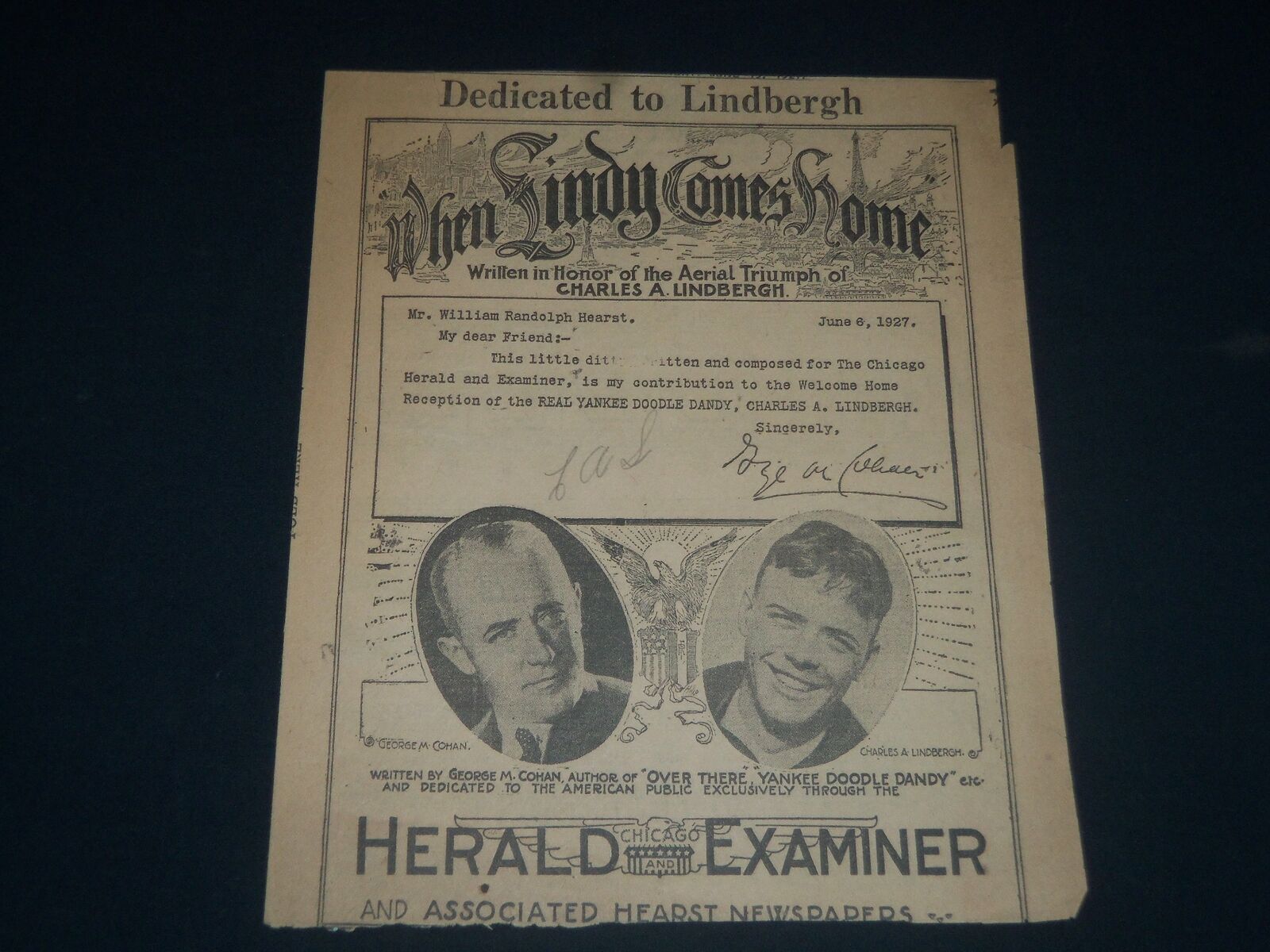 1927 JUNE 6 WHEN LINDY COMES HOME BY GEORGE M. COHAN - CHICAGO HERALD - NP 3691