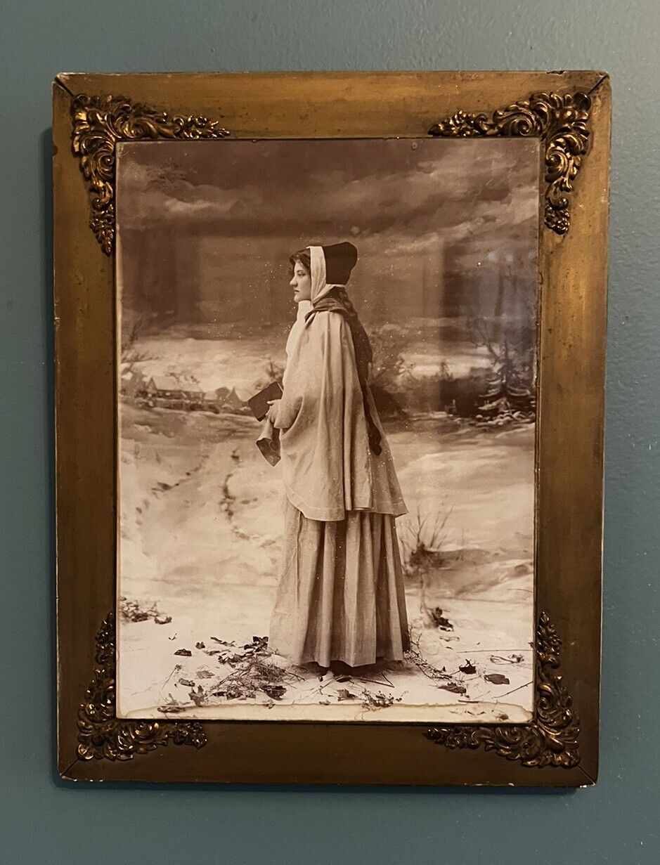 Rare Victorian European Woman’s Portrait In Gold Ornate Frame Sephia Glass Frame