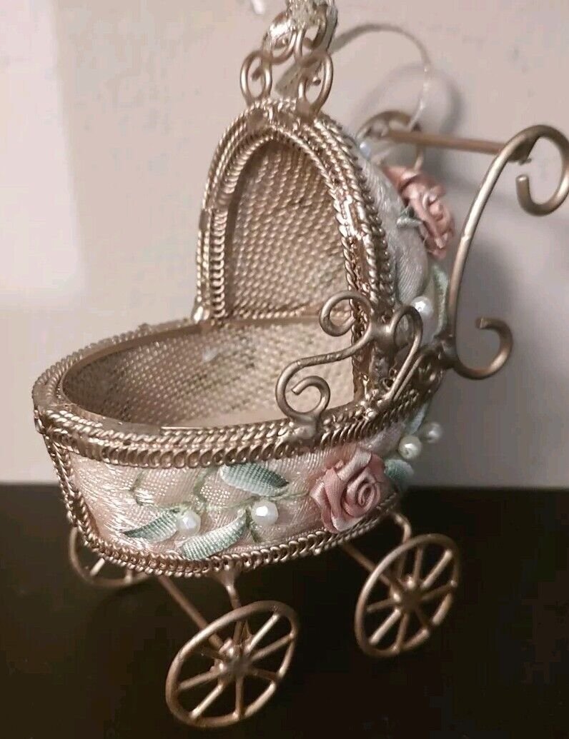 Vintage Baby Carriage Adorned with Flowers and Beads Ornament