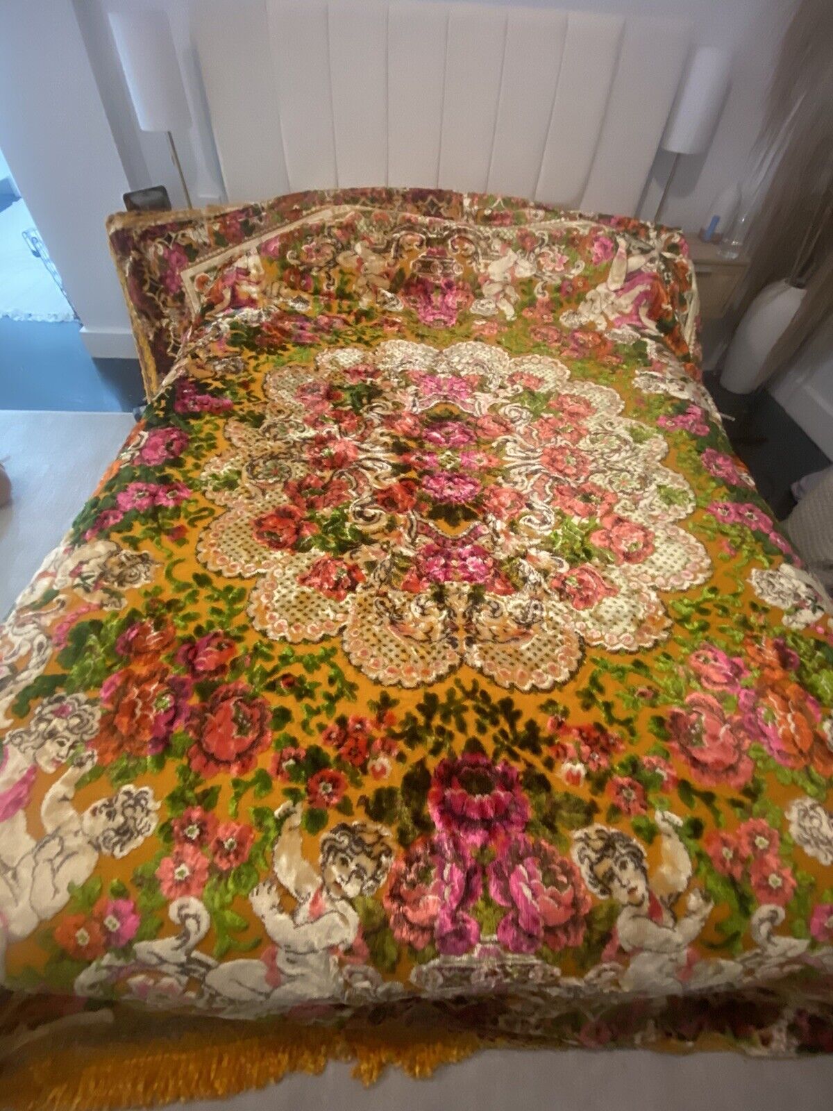 Vintage 1940s Italian Bedspread Tapestry Flowers & Cherubs Fits Queen