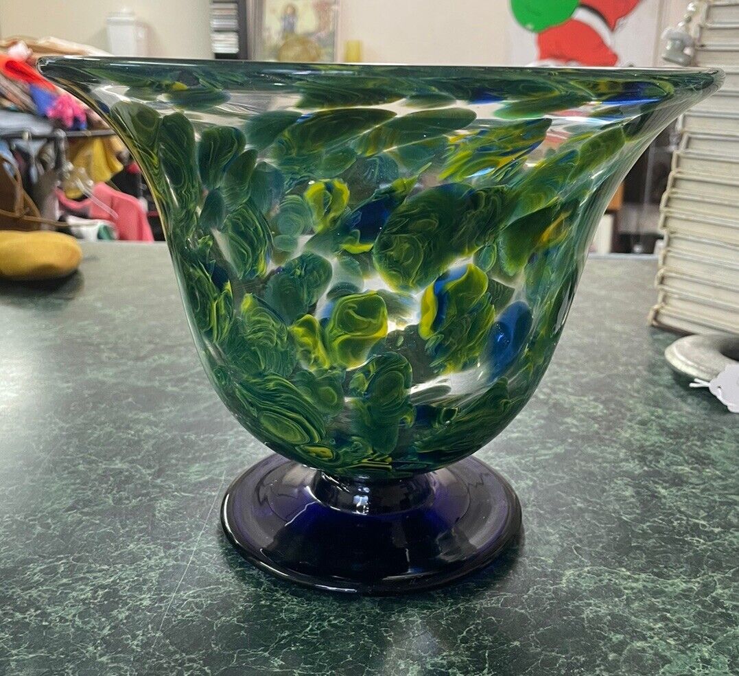 Vintage 1980s Decorated Glass Vase On Cobalt Blue Base