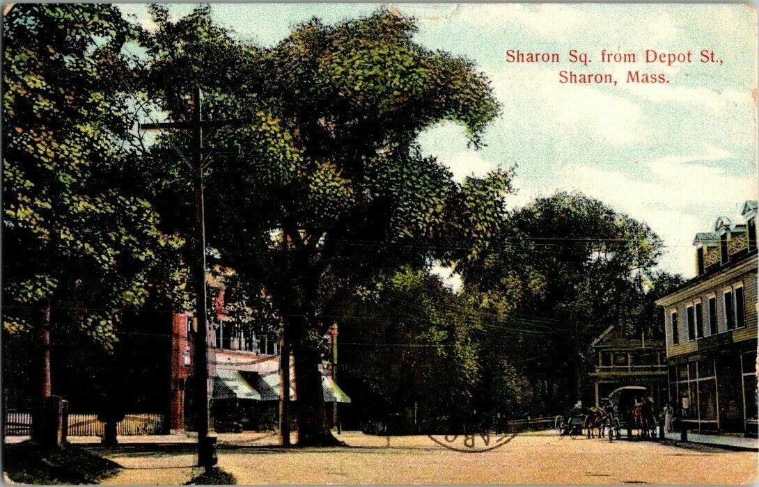 1908. SHARON SQUARE FROM DEPOT ST. SHARON, MASS POSTCARD. RC15