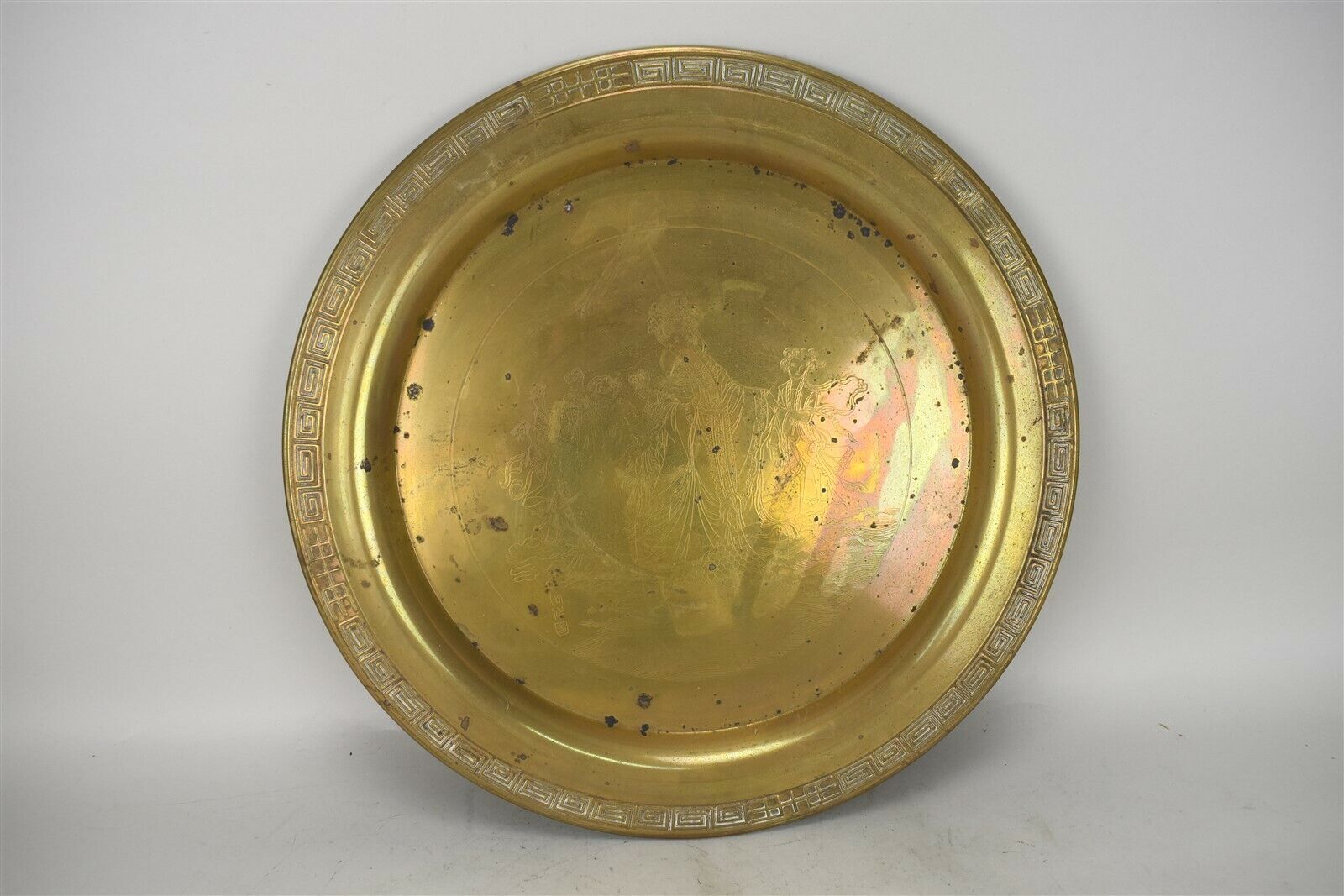 Vtg Hong Kong Chinese Round Platter Etched Woman Design Brass Large Tray