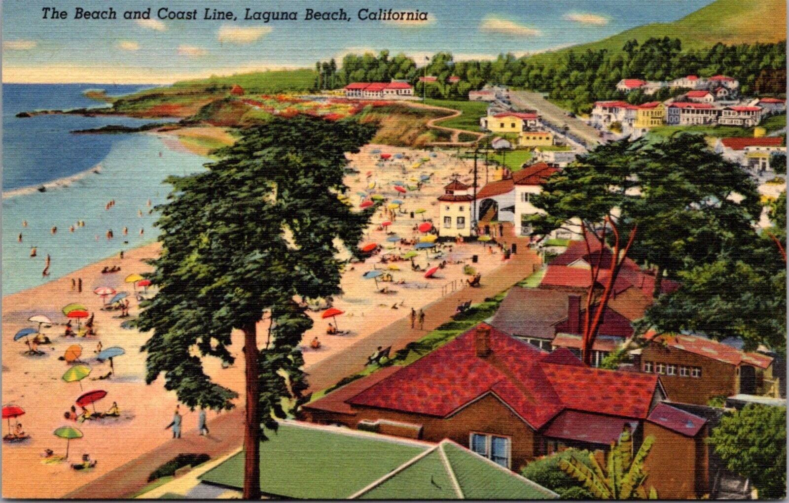 Linen Postcard The Beach and Coast Line in Laguna Beach, California