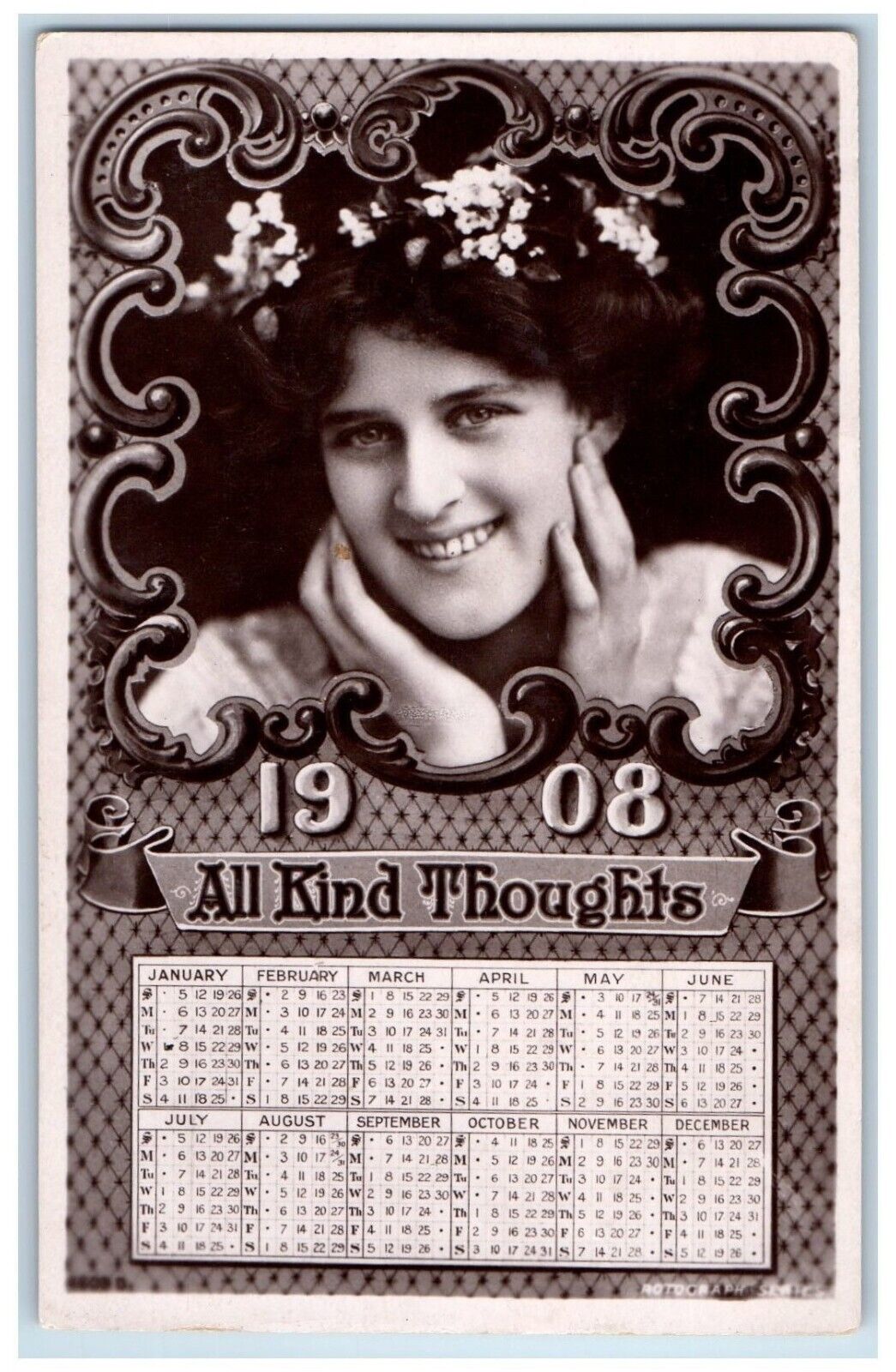 c1910's Pretty Woman All Kind Thoughts Calendar Rotograph Antique Postcard