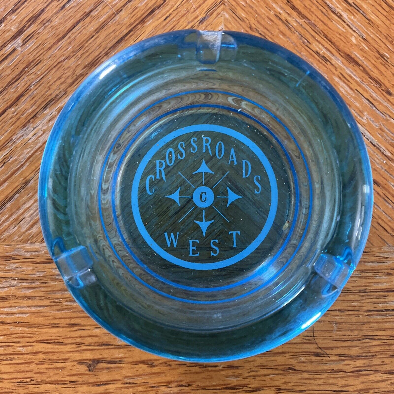 Vintage Crossroads West Blue Glass Ashtray Barware Cigarette Bar 1960s