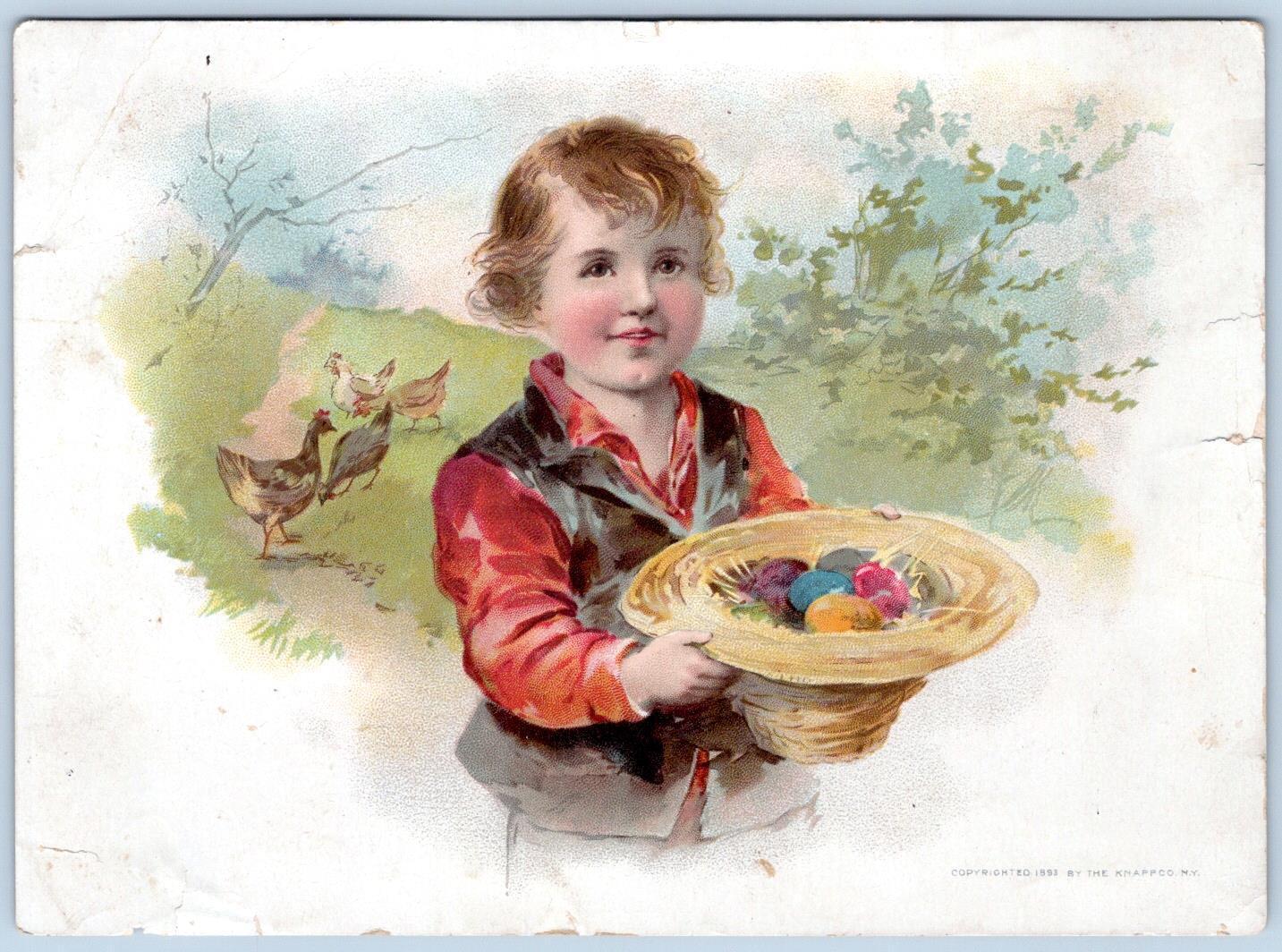 1893 EASTER GREETINGS LION COFFEE WOOLSON SPICE EGGS STRAW HAT LARGE TRADE CARD