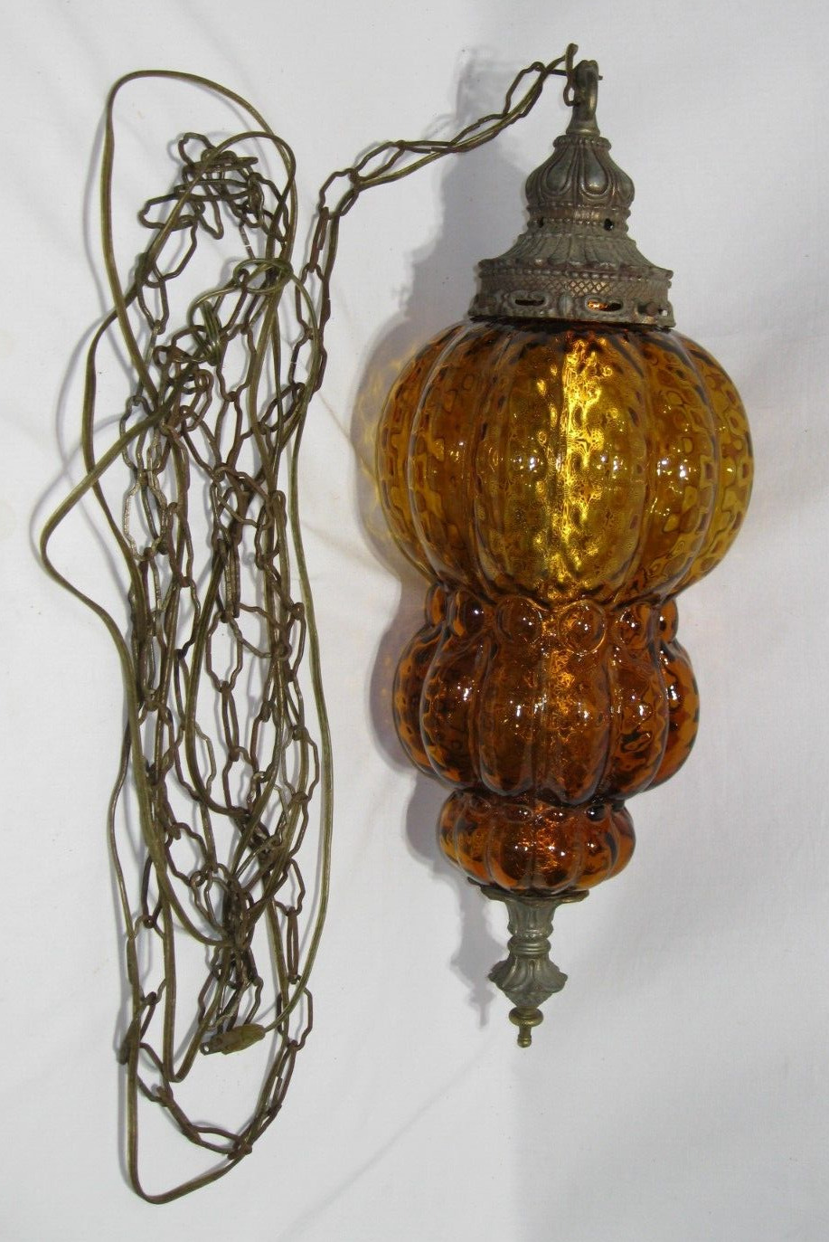 Vtg. Very Unique Hanging 3 Teir Amber Glass Mid Century Hollywood Regency Light.