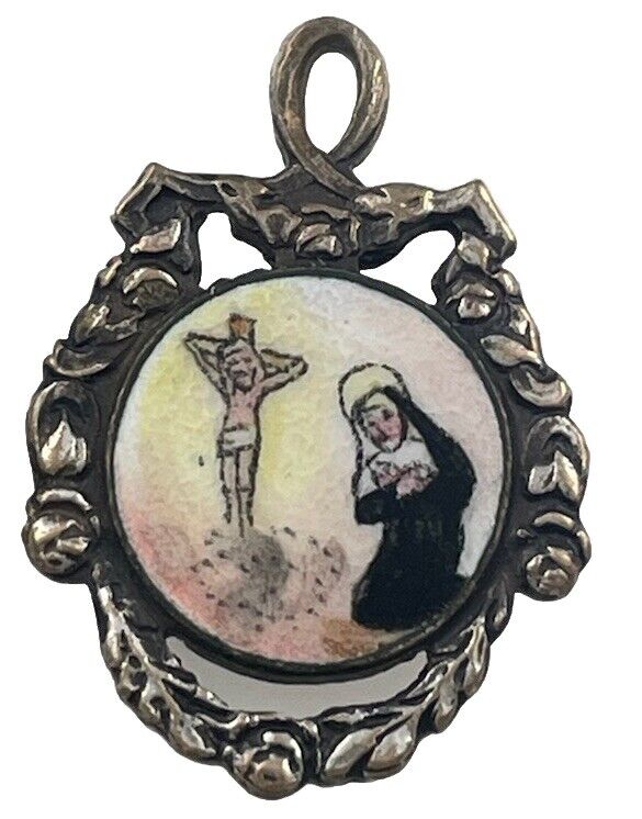 Vintage Catholic St Rita Painted Enamel Religious Medal