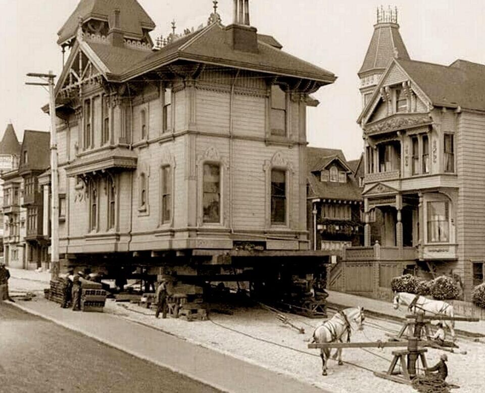 1908 San Francisco MOVING A HOUSE W/ HORSES Retro Historic Picture Photo 4x6