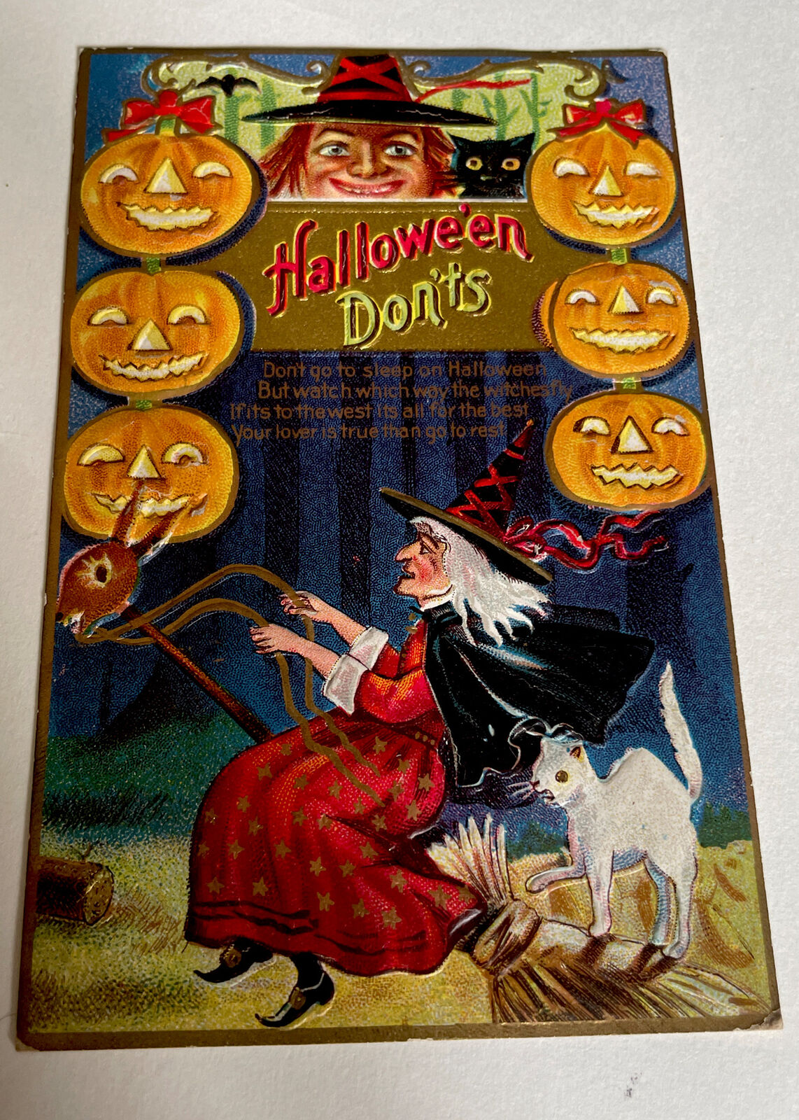 Antique 1910 Hallow’en Don’ts Witch Broom Cat Pumpkins M.L. Jackson Postcard