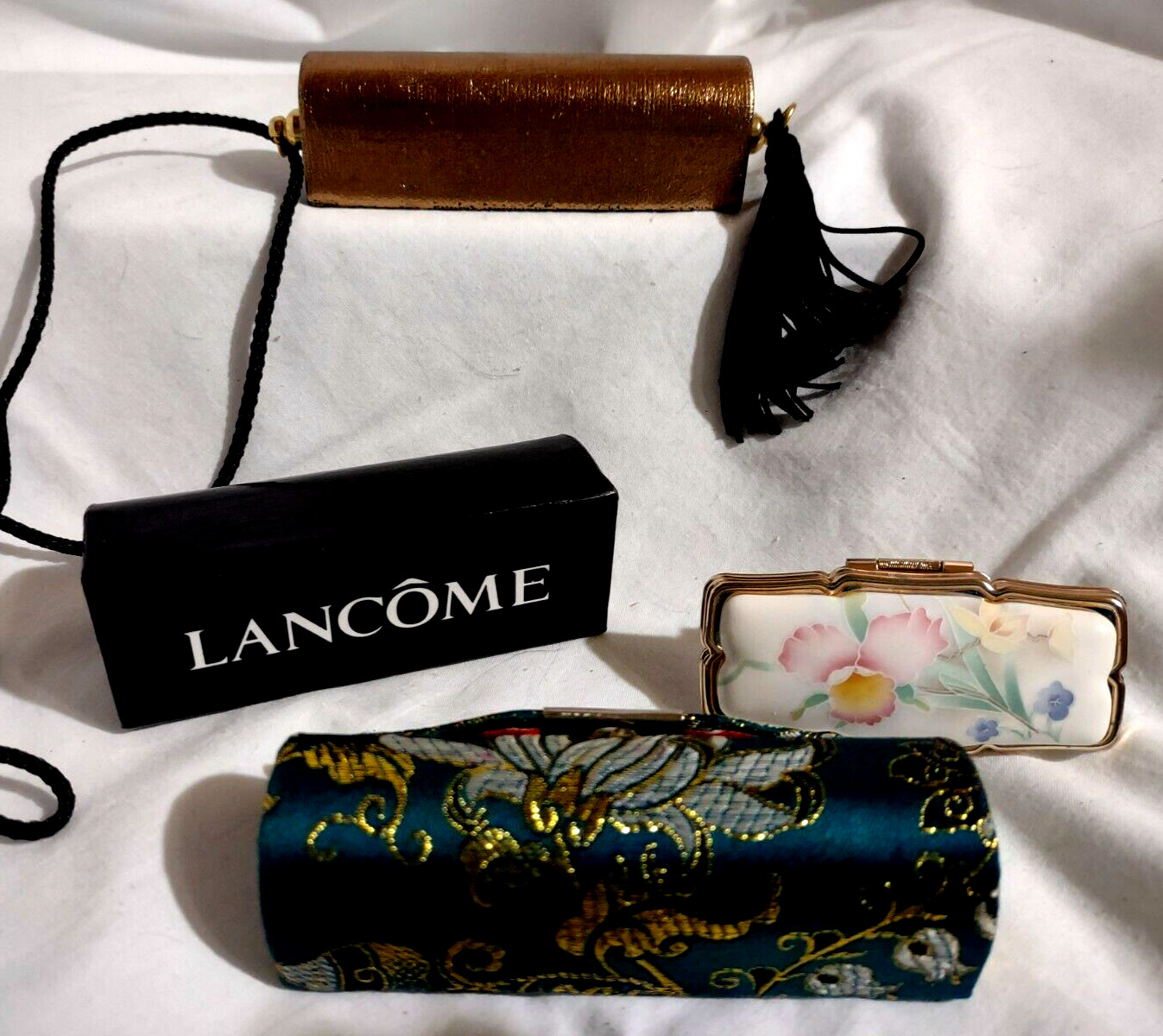 4 Lipstick Holders Lancome Mirror Metallic Cloth Gold Lanyard & Fringe 1 Clip-On