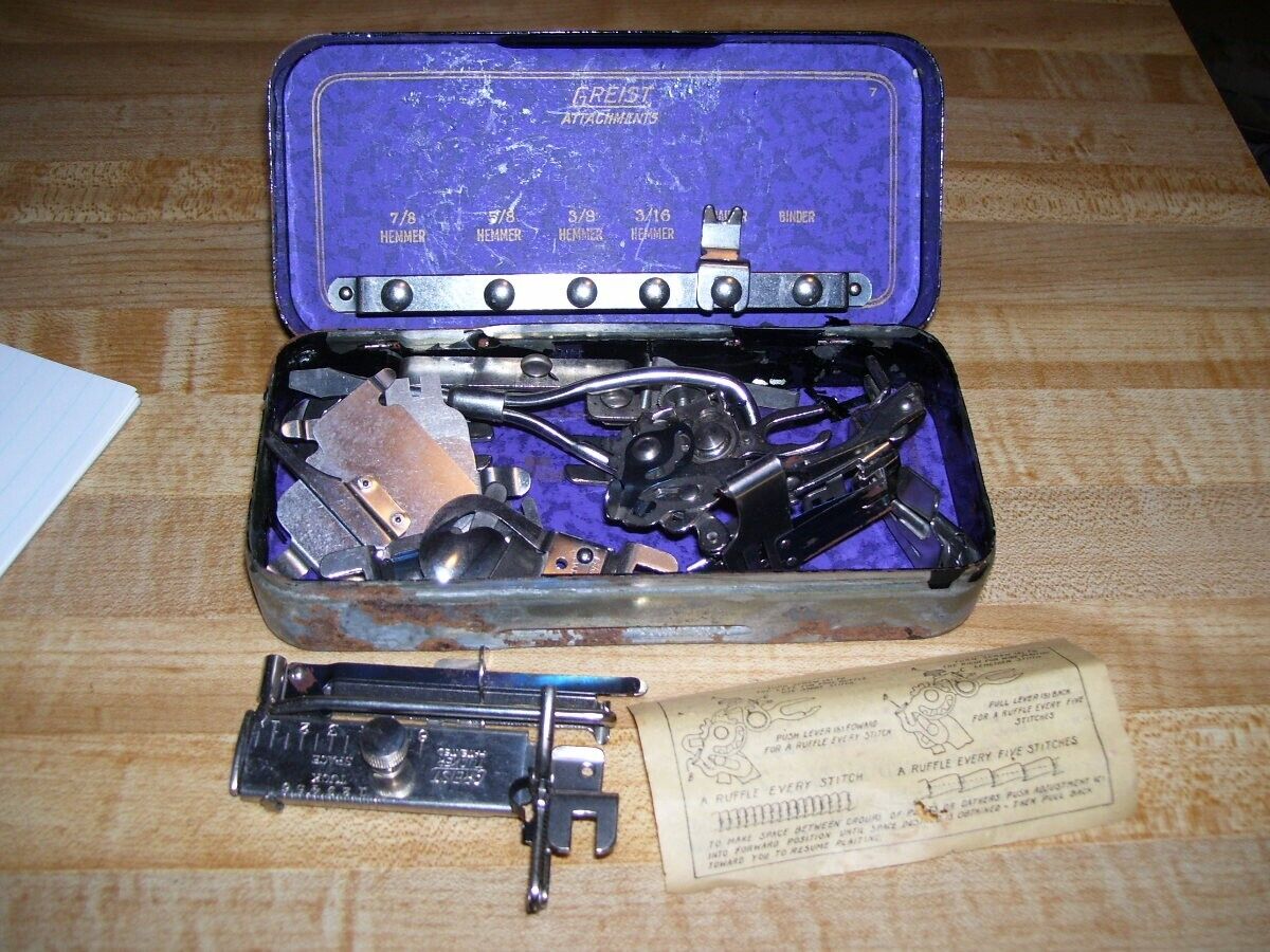 Vintage Greist Sewing Machine Attachments in Tin Box