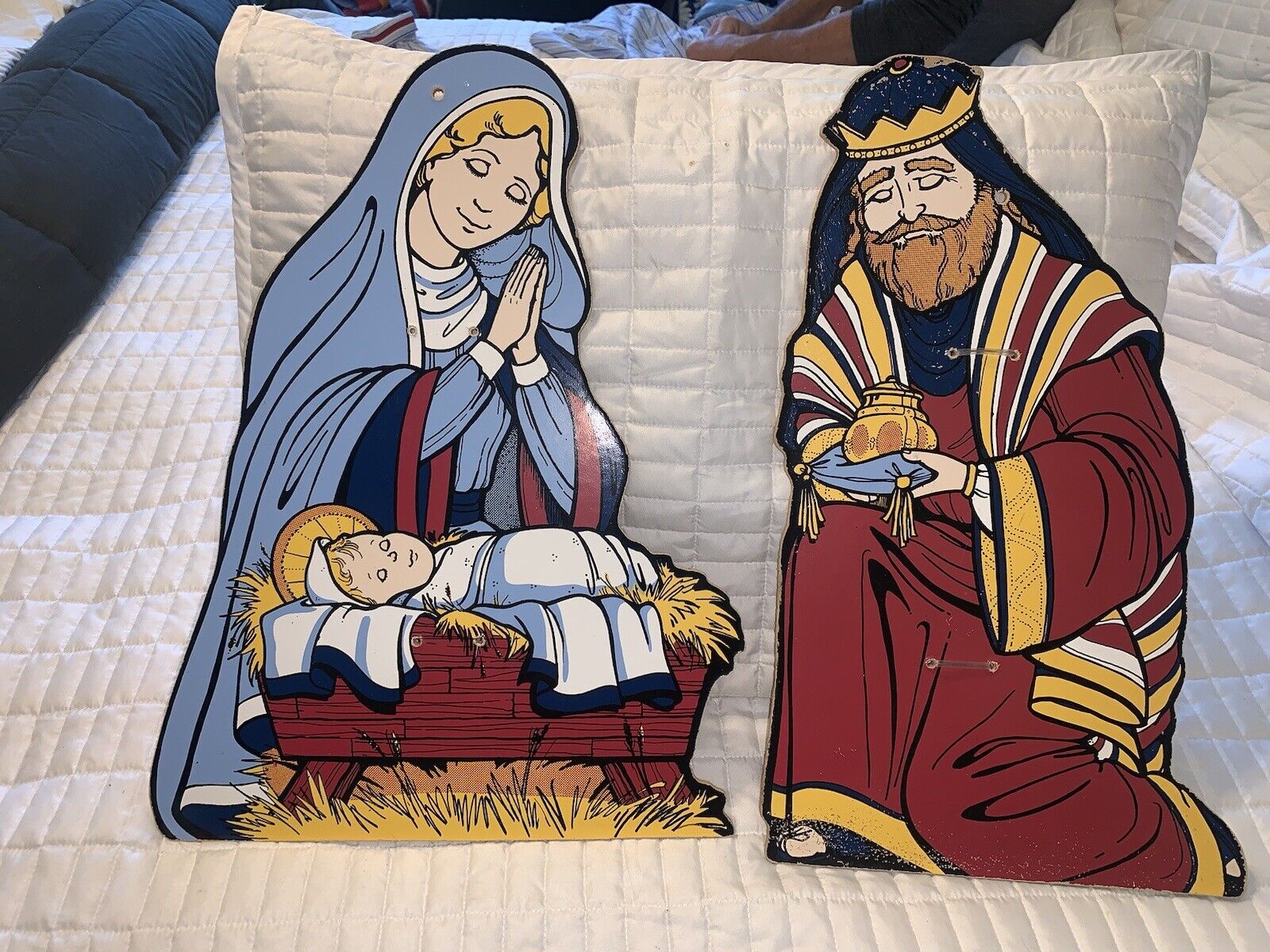 Vtg. Mary With Jesus In Manger & A Wise Man Press Wooden Back Prop  14”x20”