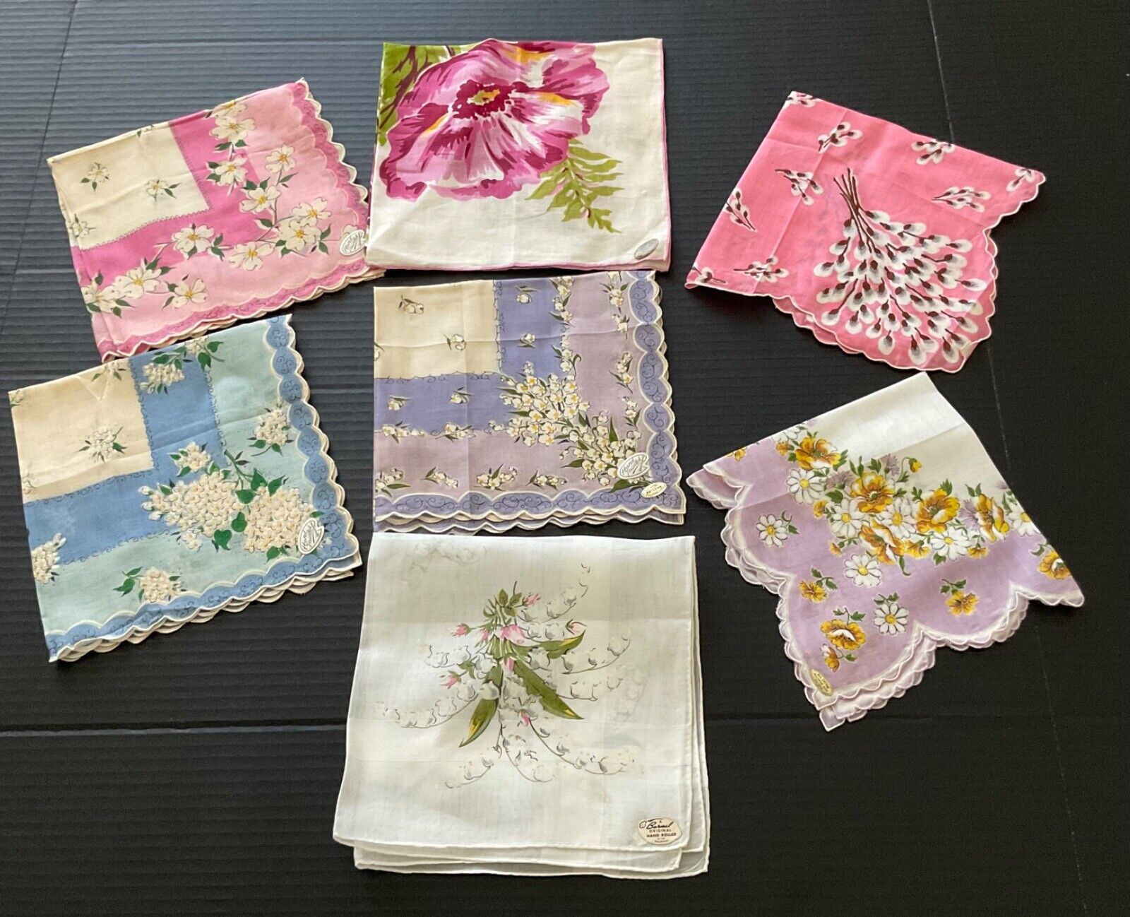 Colorful FLORAL Lot of “ 7 “ Vintage  & Unused All w/ Stickers  HANKERCHIEFS
