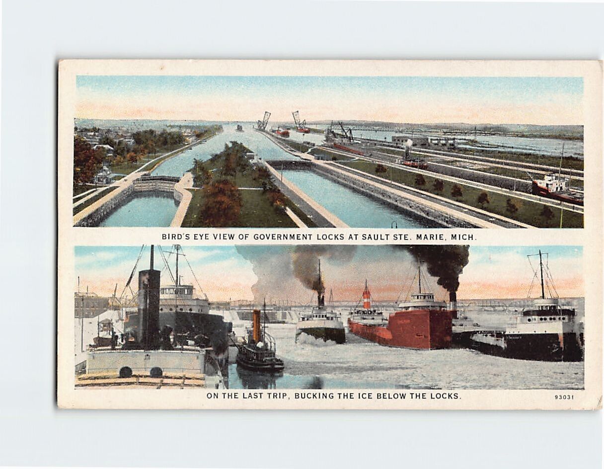 Postcard Bird's Eye View Govt. Locks at Sault Ste. Marie Michigan USA
