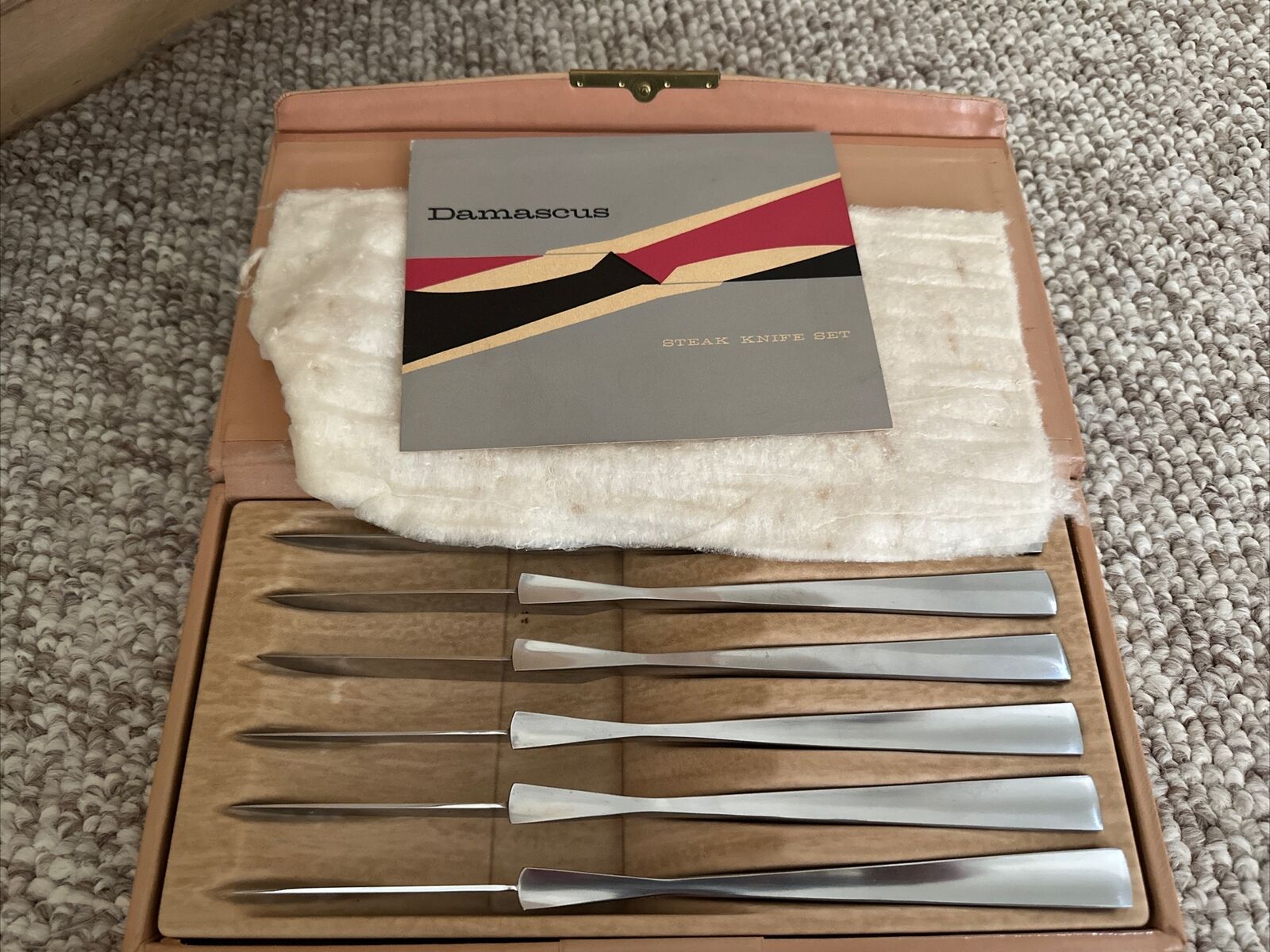 VINTAGE Mid Century Modern B&B Italy Knife Cutlery Set of 6 IN BOX NEW- Damascus