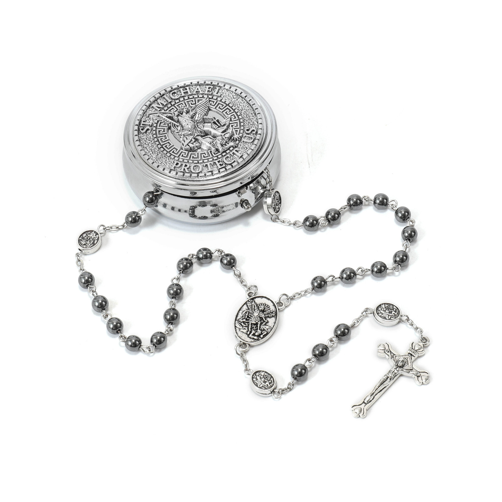 Antique Silver St Michael Black Hematite Stone Beads Rosary Necklace - Metal Box
