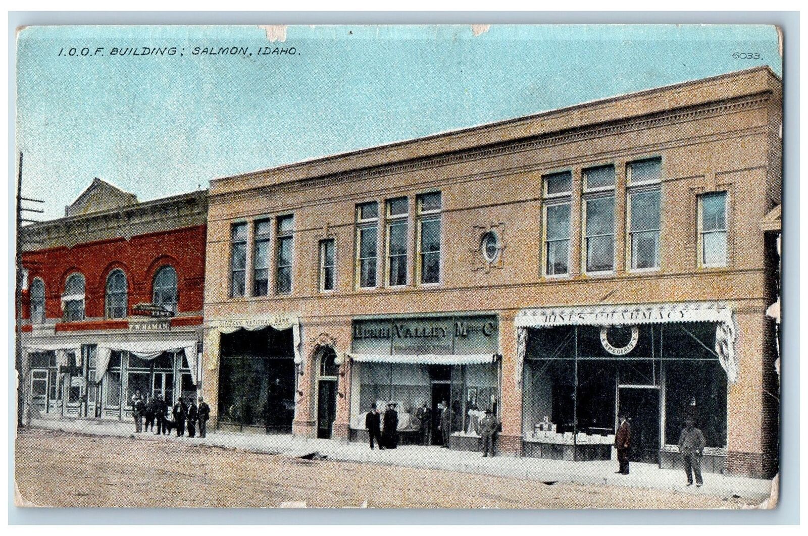 1913 IOOF Building Dirt Road Town People Building Salmon Idaho Antique Postcard
