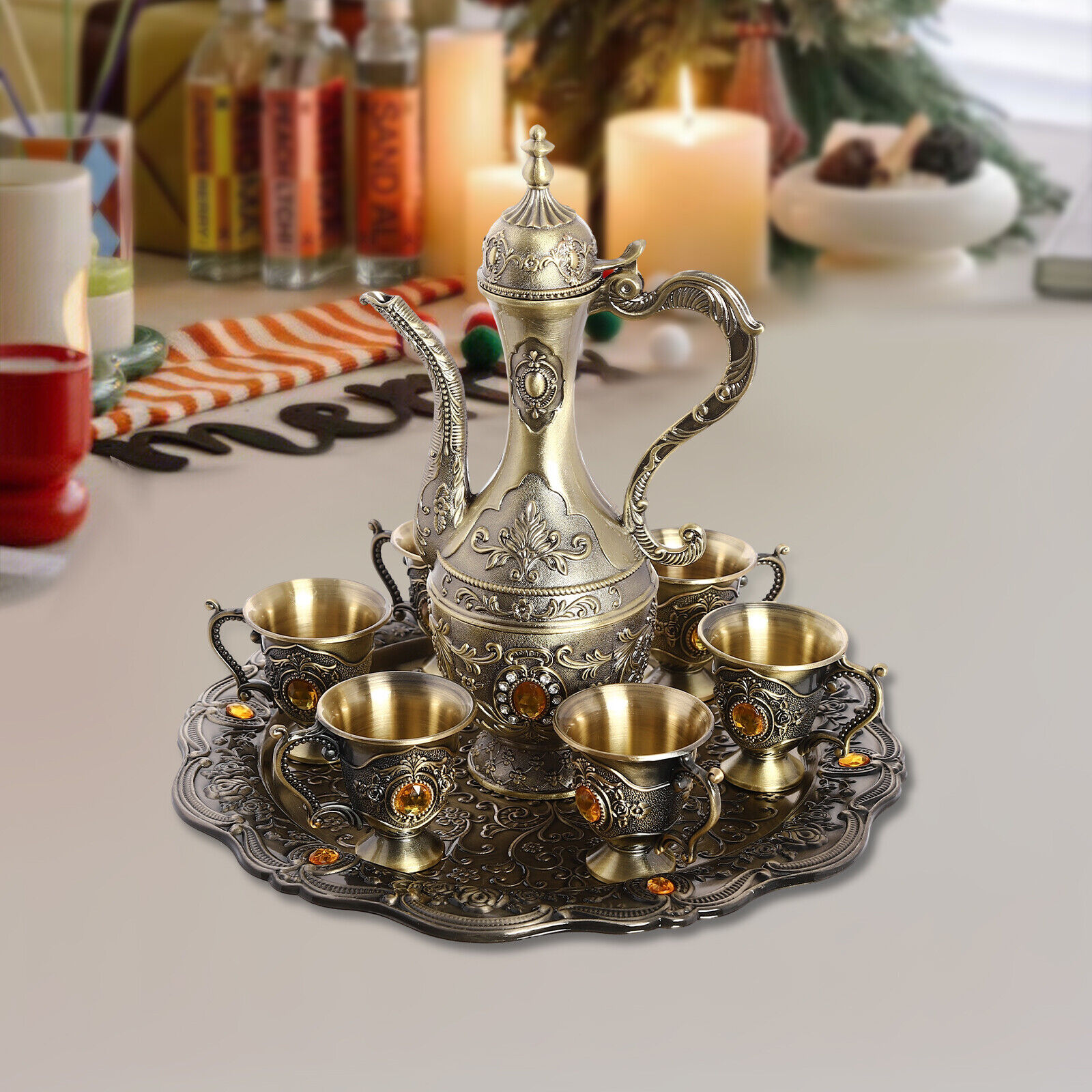 7.44oz Tea Set Teapot & Six Teacups w/ Tray for Serving Coffee, Wine Tea  ﻿