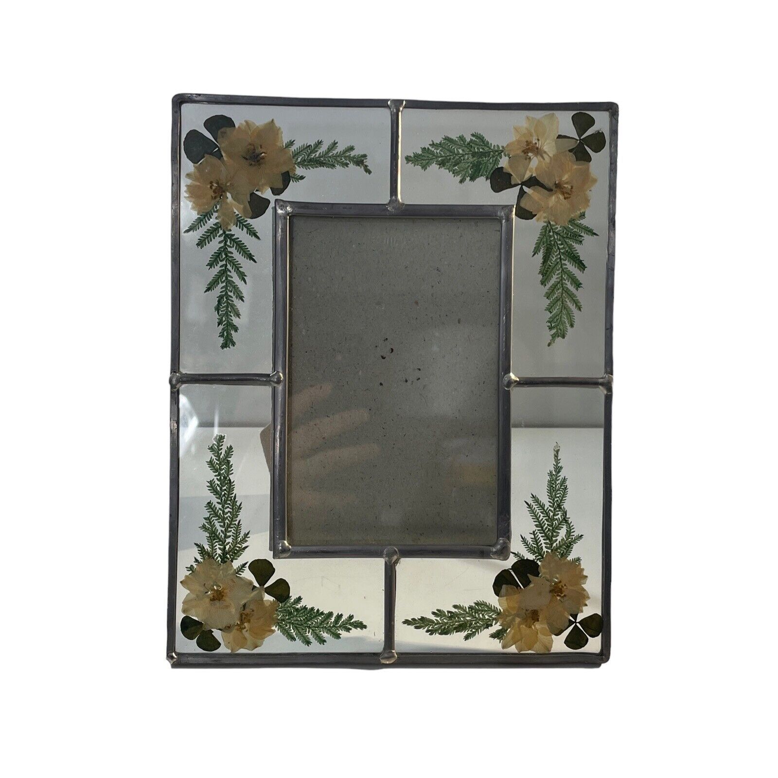 Dried Pressed White Flowers Glass Photo Frame Leaded VTG Free Standing