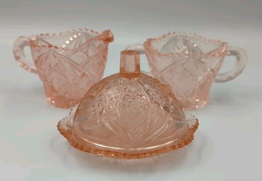 Vintage Imperial Glass Pink Creamer Sugar And Butter Dish Set Of 3