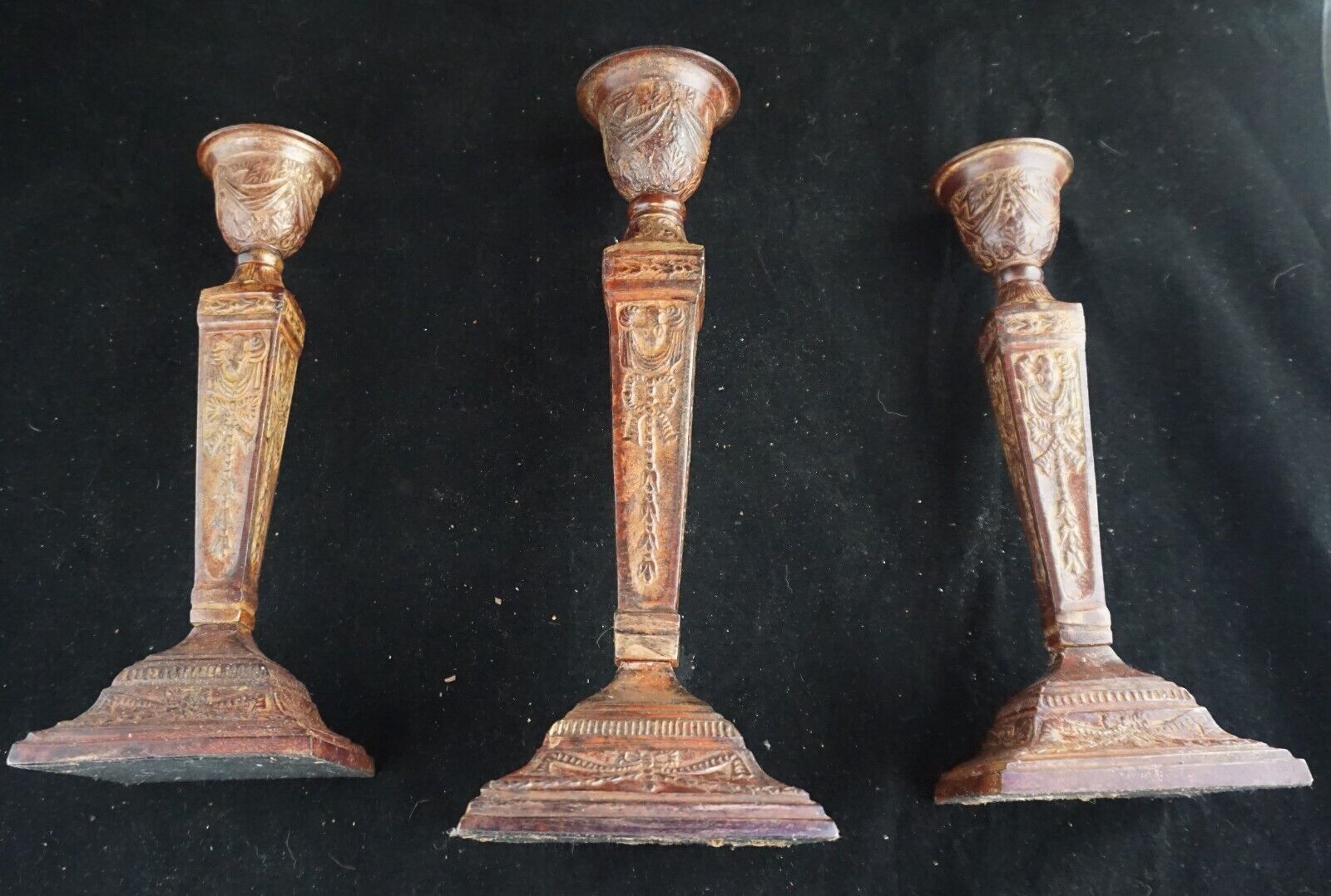 3 1920s Egyptian Revival Brass Candlesticks Holders